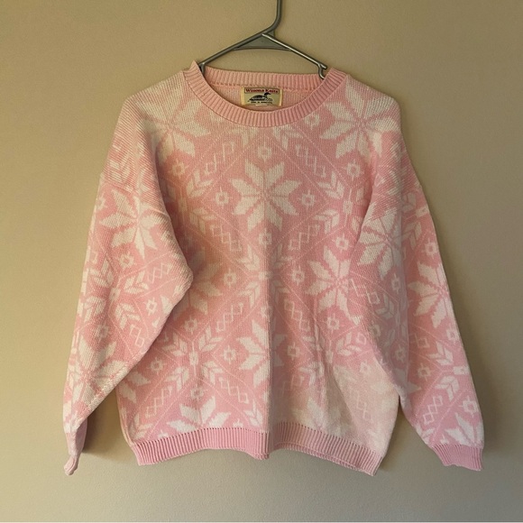 Winona Knits Pink White Cotton Winter Christmas Pattern Sweater Vintage Festive - Picture 1 of 4